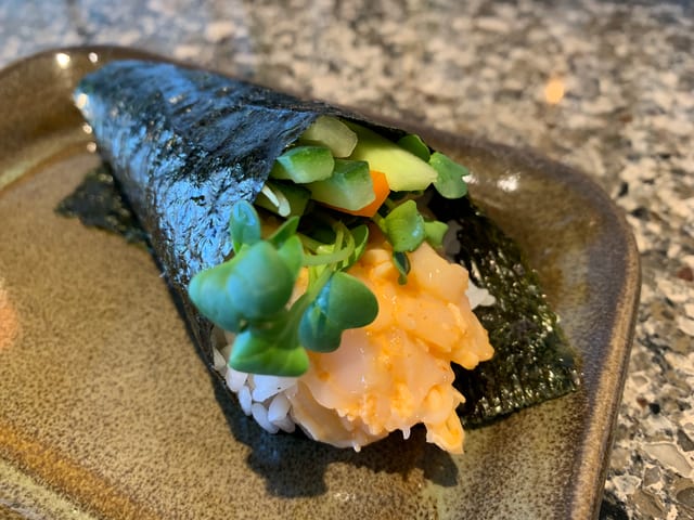 Spicy Scallop Hand Roll.
